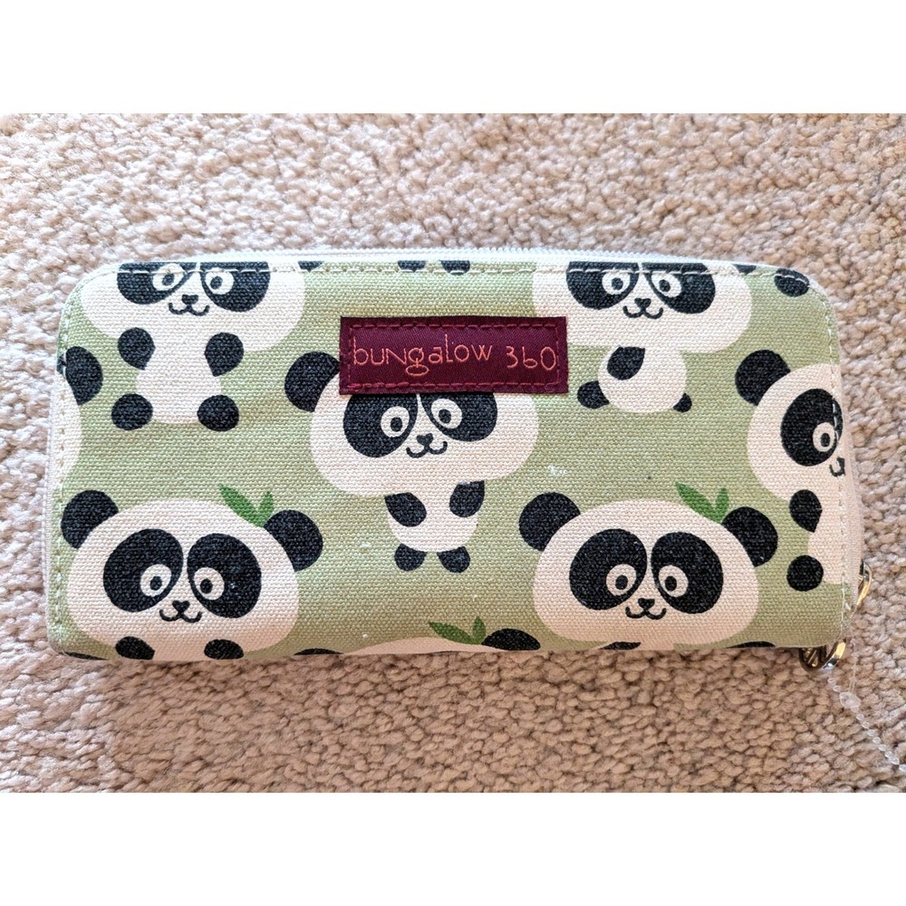 Bungalow 360 Vegan Canvas Zip Around Wallet Panda Bear Print Sage Green